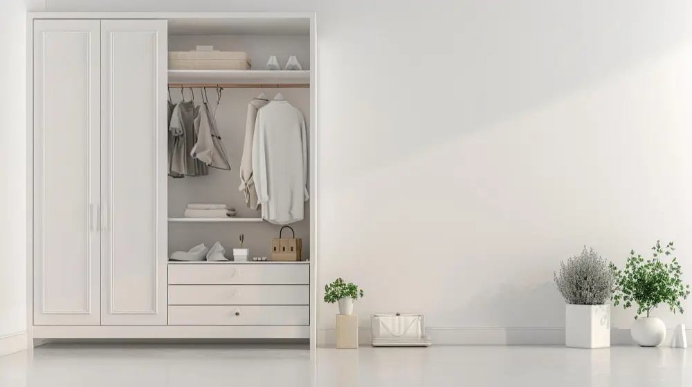  A bright white room featuring a wardrobe and a green plant, creating a fresh and inviting atmosphere.