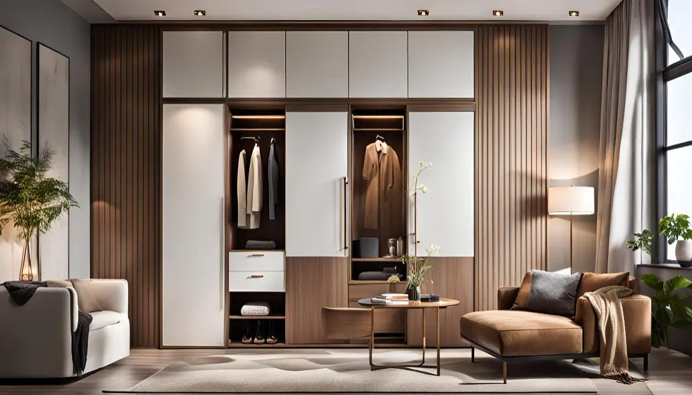 A sleek modern bedroom featuring a stylish wardrobe and a comfortable chair, creating a cozy and inviting atmosphere.
