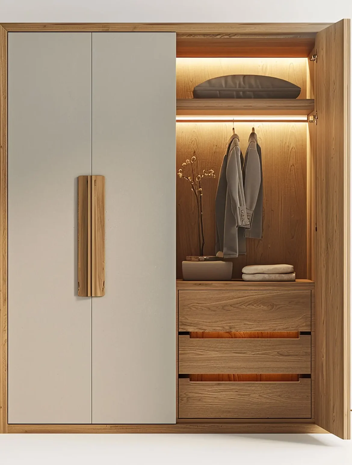 A sleek modern wardrobe featuring a stylish lighted drawer for enhanced visibility and elegance.